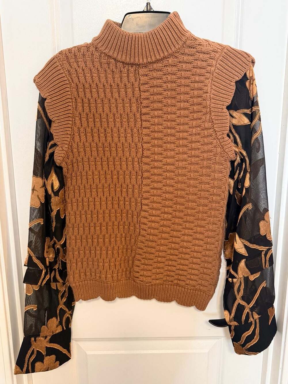 Current Air Los Angeles Mock Neck Knit Sweater with Sheer Floral Sleeves